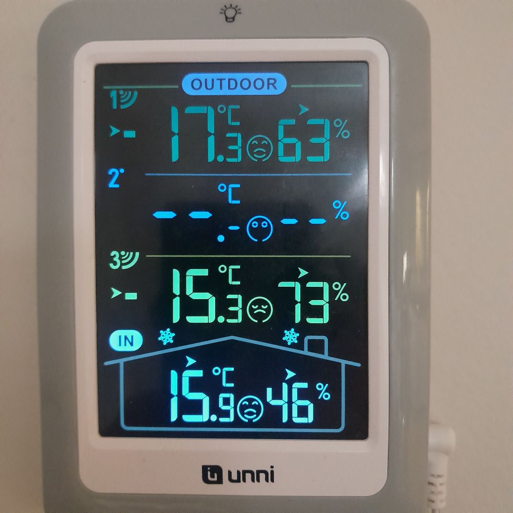 Le thermomètre qui indique -17 dehors, -15 dans le poulailler, et -15.9 dans la maison 