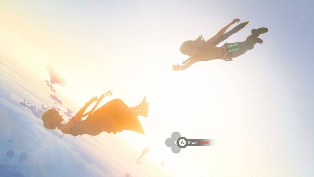 Link reaching for Princess Zelda while free falling 