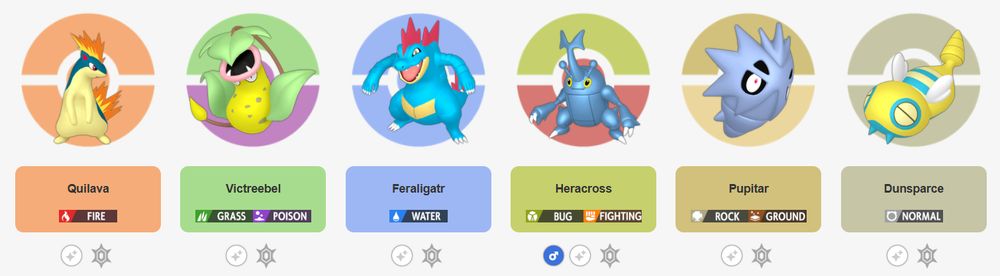 Ash doesn't bring the Kanto starters with him to Johto, instead they are used much rarely as well as other Kanto mons.
Quilava: Evolves against Jasmine.
Victreebell: Replaces Bayleef.
Feraligator: Fully evolves and becomes his ace.
Heracross: Moved the capture for when Ash could've caught his Noctowl. I cut Noctowl because it really had nothing to add on to his team.
Pupitar: Ash actually catches the Larvitar.
Dunsparce: Replaces Phanpy as the egg hatch.
