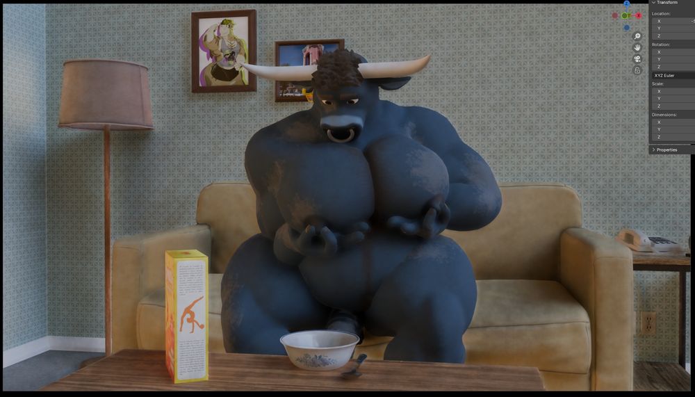 Screenshot from Blender of an anthro bull man grabing his breast and nipples to squeeze milk out of them into a bowl of cereal while he sits on a couch int he living room of his apartment.