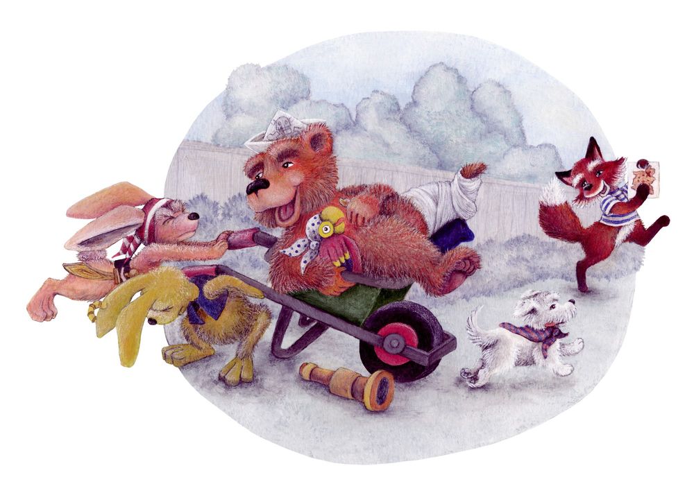 Two bunnies push their inured bear friend in a wheel burrow, while fox and puppy lead them on a pirate treasure hunt.