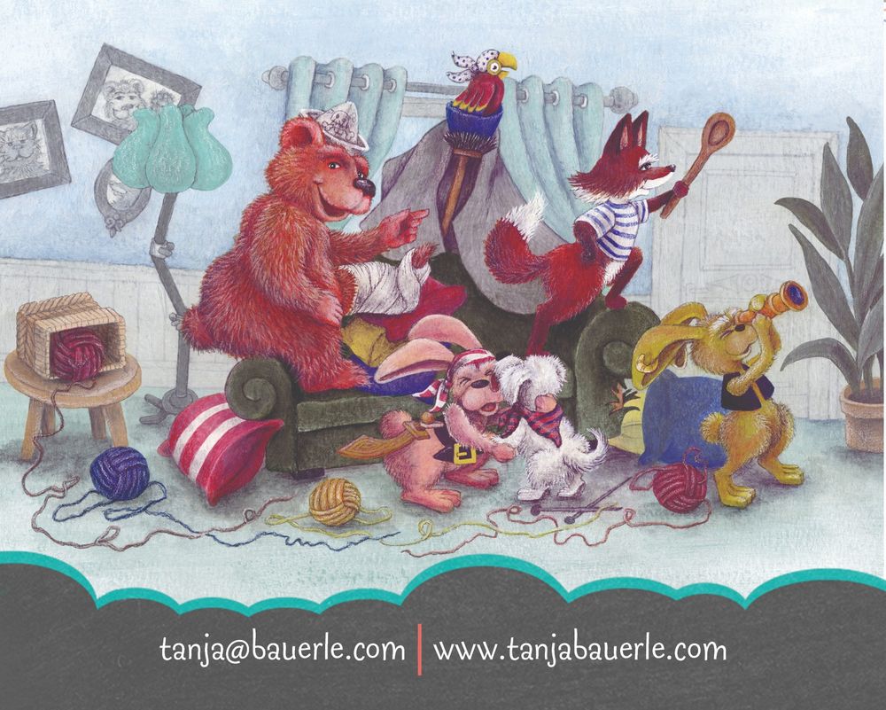 A bear, two bunnies, a puppy, and a fox play pirate make belief in a living room causing mayhem. 
