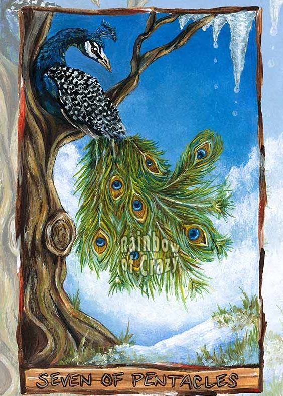 the seven of pentacles card from the animism tarot, featuring a peacock in a tree, snow on the ground, with grass peeking through. icicles appear in the top right, slowly melting  