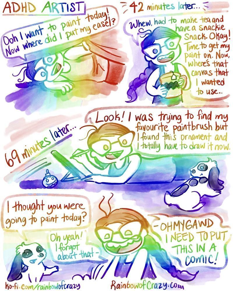 Rainbowofcrazy web comic. / [ADHD Artist.] Jo, lying on the ground, pulling up the bed sheet to peer under the bed. Jo: "Ooh I want to paint today! Now where did I put my easel?" / [42 minutes later...] Jo, holding a Charlie Brown themed mug with a tea bag hanging out: "Whew, had to make tea and have a snackie snack. Okay! Time to get my paint on. Now where's that canvas I wanted to use.." / [69 minutes later...] Jo, lying on her stomach, tablet in front of her. She holds a tablet pen. A small christmas ornament with a smiley face sits nearby. Jo looks over to her mini lop rabbit passing by. Jo: "Look! I was trying to find my favourite paintbrush but I found this ornament and I totally have to draw it now." / Rabbit: "I thought you were going to paint today?" Jo, rising up: "Oh yeah! I forgot about that - OHMYGAWD I NEED TO PUT THIS IN A COMIC!" / ko-fi.com/rainbowofcrazy / Rainbowofcrazy.com