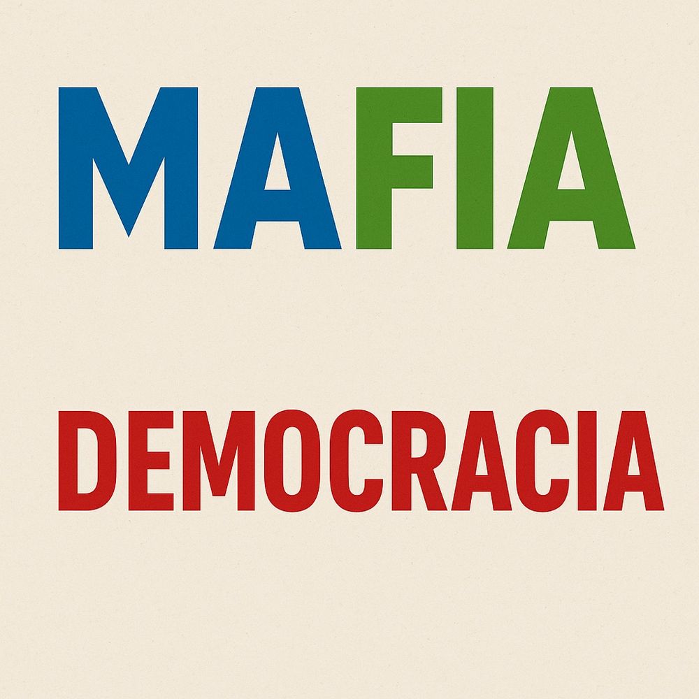 Se observa la palabra MAFIA en mayúsculas en colores azul y verde y debajo la palabra DEMOCRACIA en mayúsculas en color rojo. 