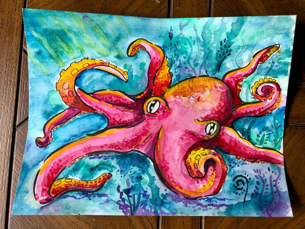 Watercolor of a pink octopus on a blue background 