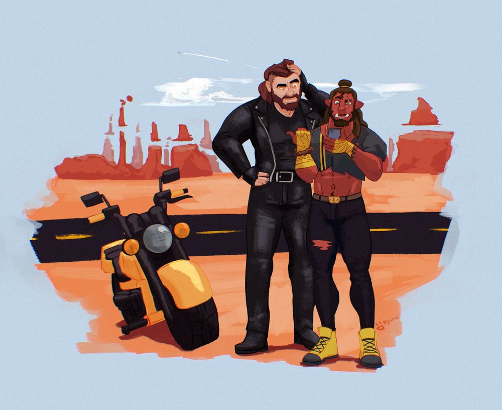 Two dudes (a male human and male Half-Orc) stand on the side of the road in a desert. The vista behind them shows distant plateaus with floating rocks over the flat peaks, they look like pointy wizard hats. The Half-Orc is on his phone giving road directions to the human man stand to his right.