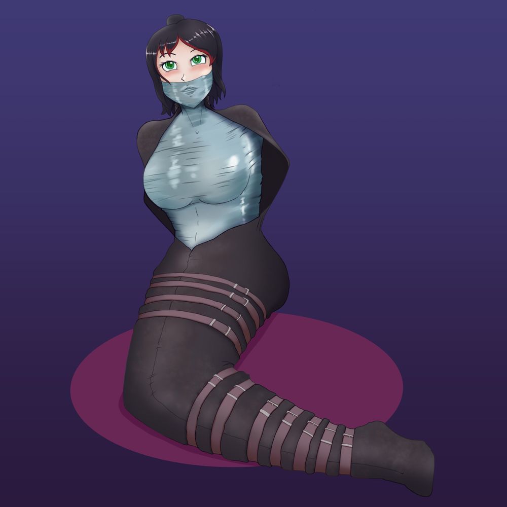 As before, but there is now a leather sleepsack covering Aria's lower half, zipped and strapped shut, while the upper half hangs off of her shoulders, open to show her silk covered torso. Aria is blushing slightly.