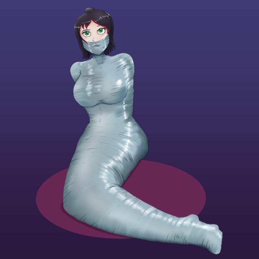 Aria, with her black hair with red streaks, wrapped in tight, snug spider silk cocoon from neck to toe, with mouth sealed shut.