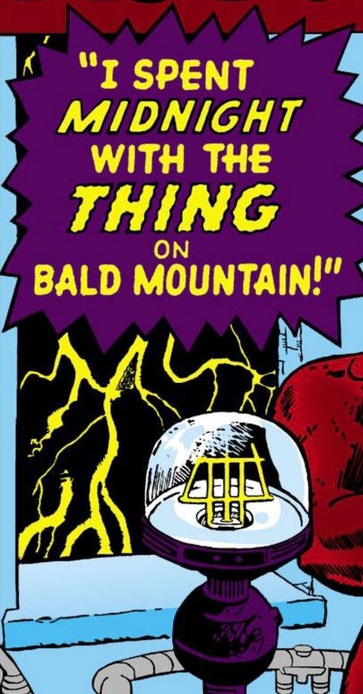 In the foreground, we see bits and pieces of what appears to be a laboratory. Behind that is a window where it’s night and lightning bolts are striking. At the top of the panel is a title in a yellow font surrounded by a jagged purple background: “I spent MIDNIGHT with the THING on Bald Mountain!“