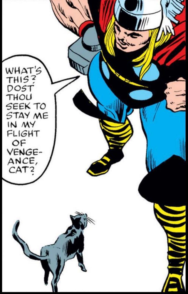 The mighty Thor looks down at a cat, who is looking up at him as they stand in front of an all white background. Thor has his hands on his hips as he says, “What’s this? Dost thou seek to stay me in my flight of vengeance, cat?“