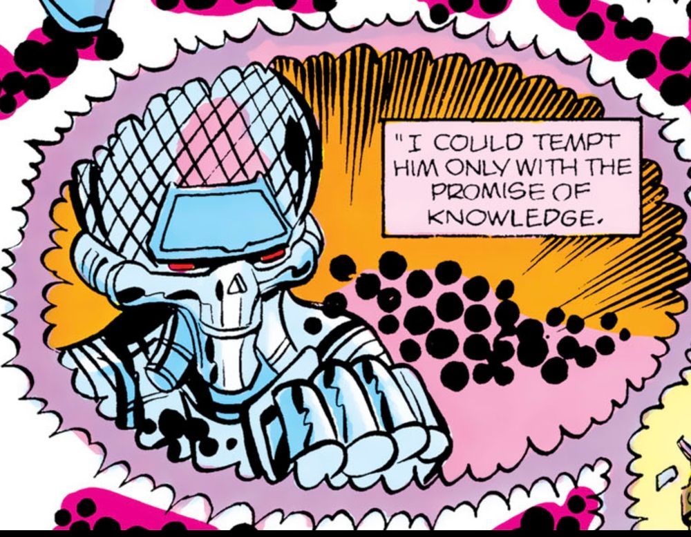 1980s Brainiac as drawn by Jack Kirby is seen in what appears to be a memory sequence. Somebody narrates, “I could tempt him only with the promise of knowledge.“