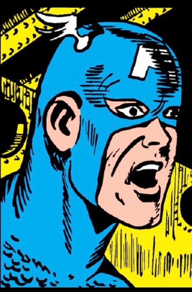 A golden age panel of Captain America, who has seen close-up in profile in head and shoulders. He is looking to the right of the panel and his eyes are wide with shock and his mouth is slack jawed. God only knows the horrors he is seeing. 