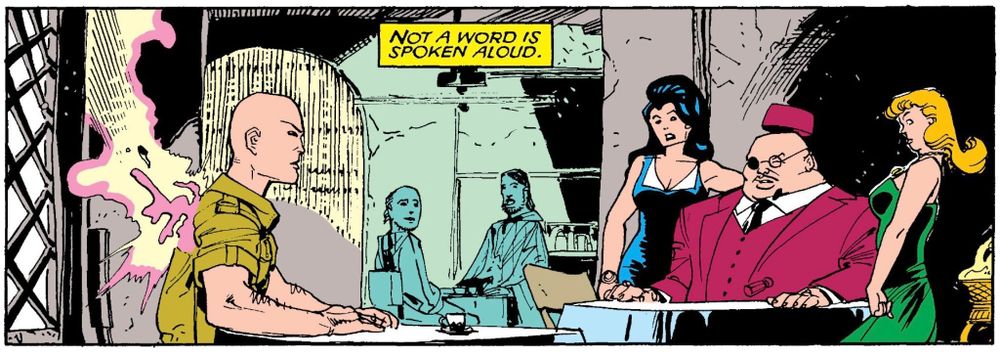 Young Charles Xavier sits in a restaurant in a foreign country. Some sort of aura of some sort is entering or exiting his back as he stares at the next table at a very large man in a three-piece suit round rim, the glasses and a fez. Narration: “Not a word is spoken aloud.“