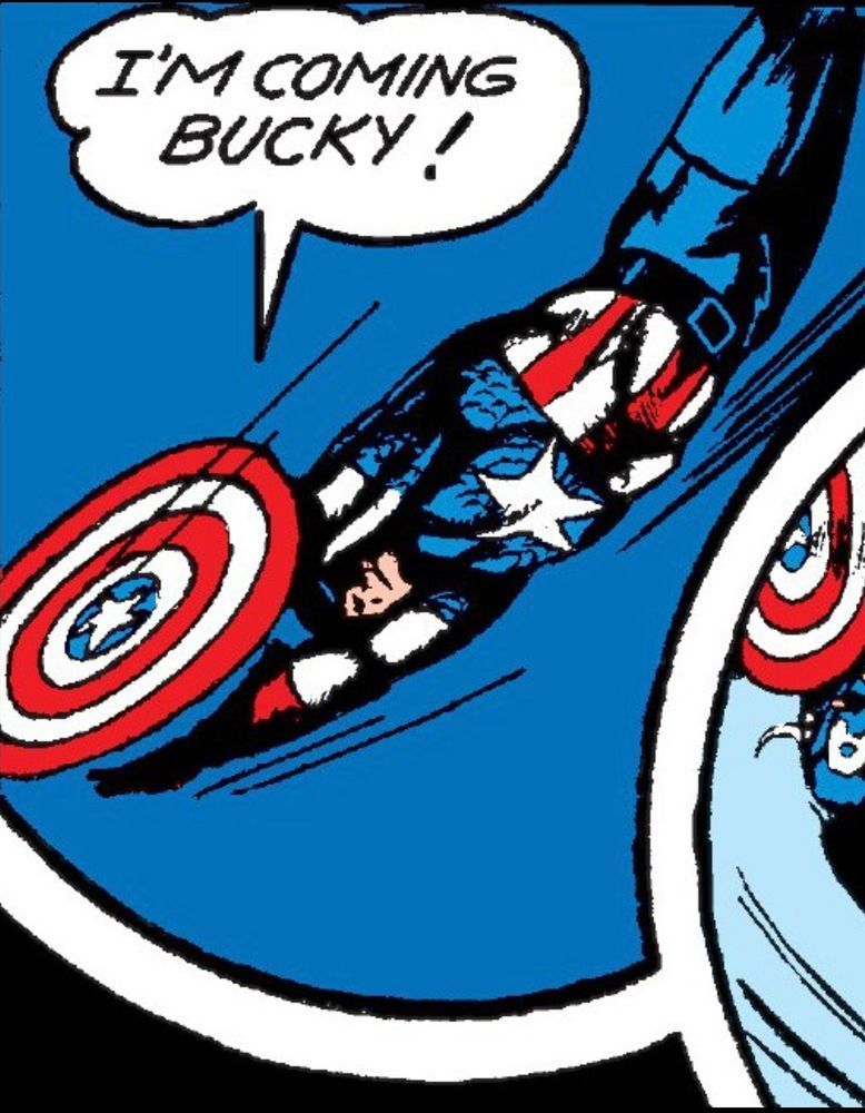 Golden Age Captain America is diving arms over his head, his shield in one arm, diving downward, nothing buy sky behind him and shouting, “I’M COMING BUCKY!“