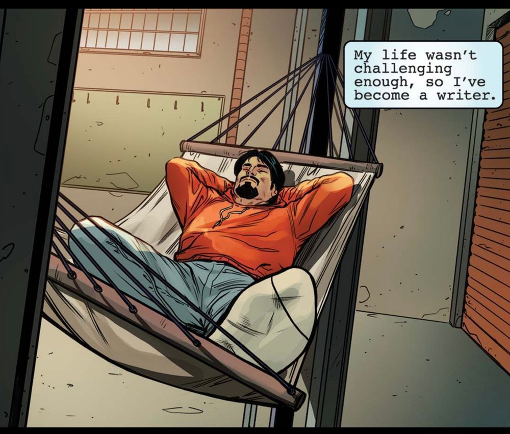 Comfortably lying on a hammock in repose, as it hangs inside a warehouse, Tony Stark thinks, “My life wasn’t challenging enough, so I’ve become a writer.“