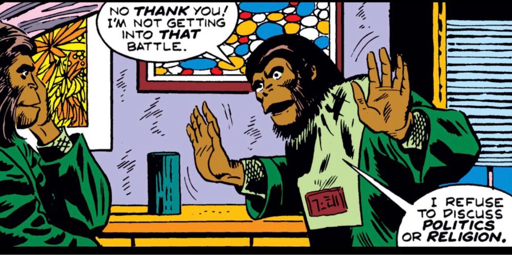 Two apes in their home are talking one adamantly says to the other, "No THANK you! I'm not getting into THAT battle. I refuse to discuss POLITICS or RELIGION."