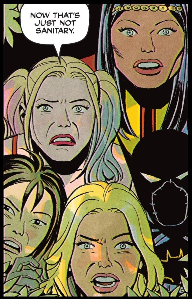 The Birds of Prey are all leaned in next to each other, staring just off panel, grossed out by what they see. Harley Quinn says, “Now that’s just not sanitary.”
