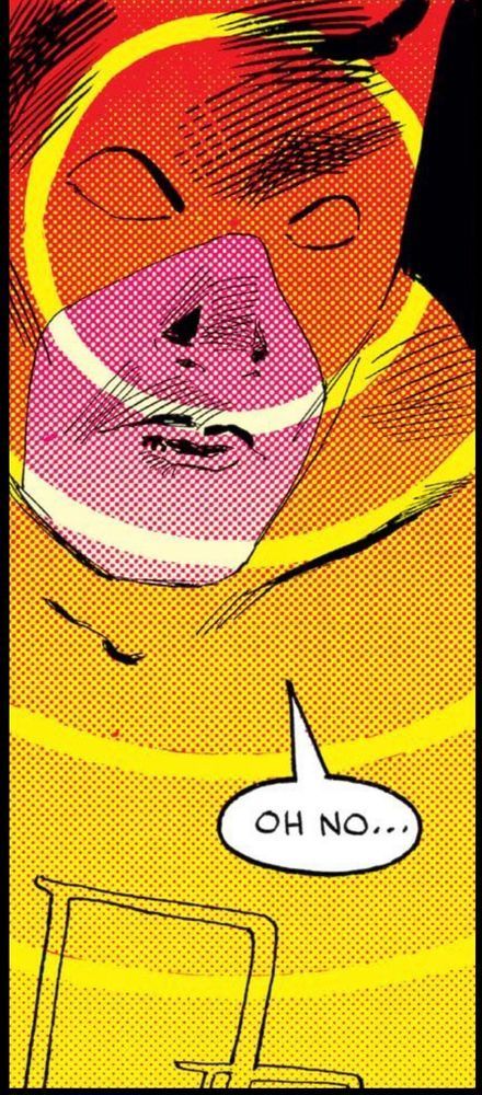 Head to mid torso shot of Daredevil his face pointed forward as he picks up something using his radar sense and says, “Oh no….“