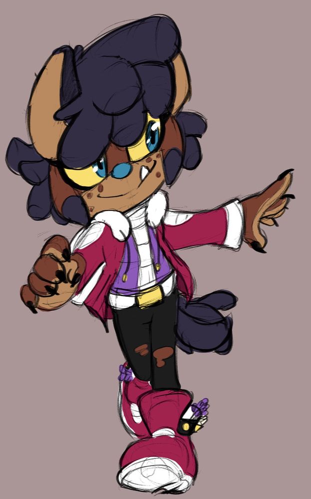 A mobian hyena child is running somewhere, a big goofy smile on her face.