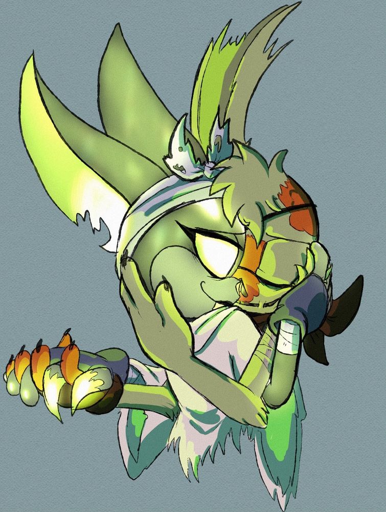 Two Mobian ghouls cuddling. 
Latch, the ghoulhare, is hugging Darla from behind and is nestled against her shoulder; Darla has turned her head toward him and is reaching to cup his cheek