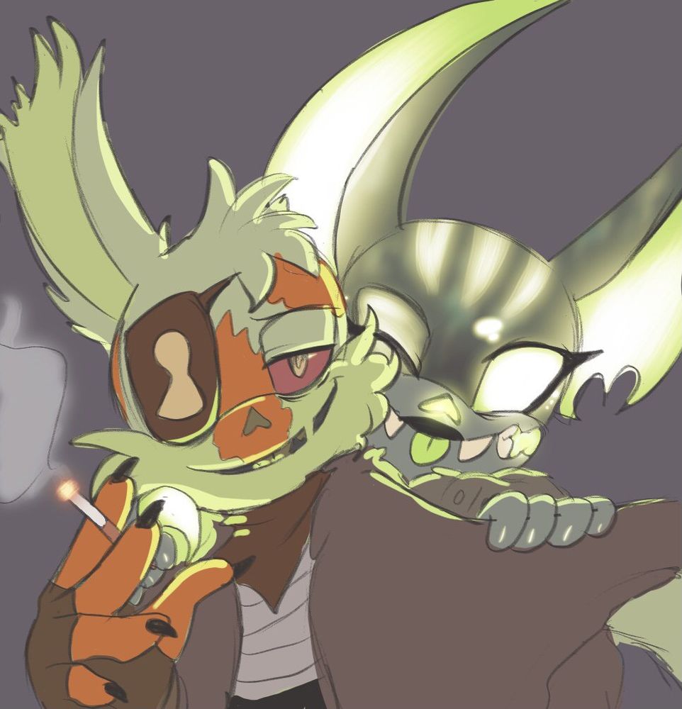 A colored sketch of two Mobian-styled Fallout ghouls, a hare and a sphynx cat respectively. 

Latch, the hare, is giving a sleepy smile while holding the camera for a selfie, a fur blanket draped over his shoulders while Darla, the feline, is making a silly face from behind him.