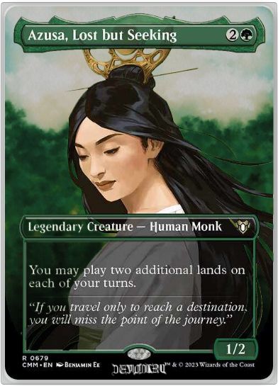 An alteration of the art for the magic card, Azusa, Lost but Seeking, in which it adds a foggy sponge-painting-like impression forest to the background, replacing the previous bright green single color background.