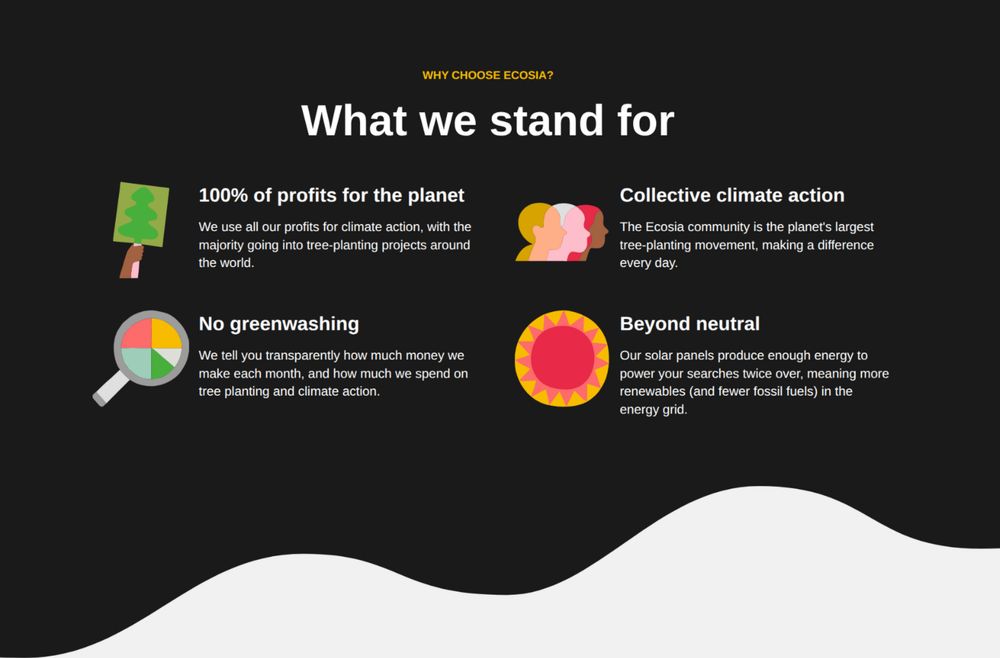 screenshot of "what we stand for" section on Ecosia website
text:
"Why choose Ecosia?
What we stand for
100% of profits for the planet
We use all our profits for climate action, with the majority going into tree-planting projects around the world.

Collective climate action
The Ecosia community is the planet's largest tree-planting movement, making a difference every day.

No greenwashing
We tell you transparently how much money we make each month, and how much we spend on tree planting and climate action.

Beyond neutral
Our solar panels produce enough energy to power your searches twice over, meaning more renewables (and fewer fossil fuels) in the energy grid."