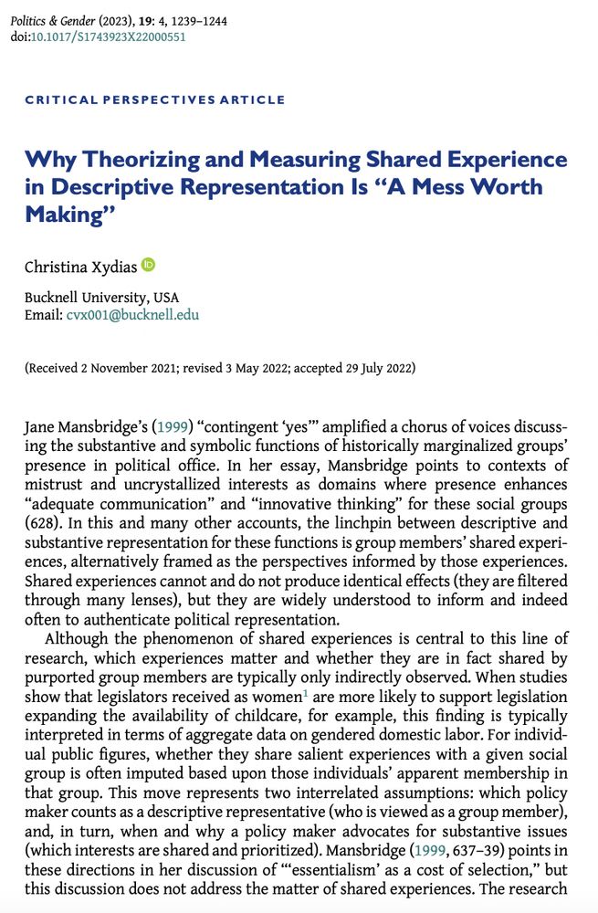 Critical Perspectives article entitled "Why Theorizing and Measuring Shared Experience in Descriptive Representation Is “A Mess Worth Making”"  by Christina Xydias