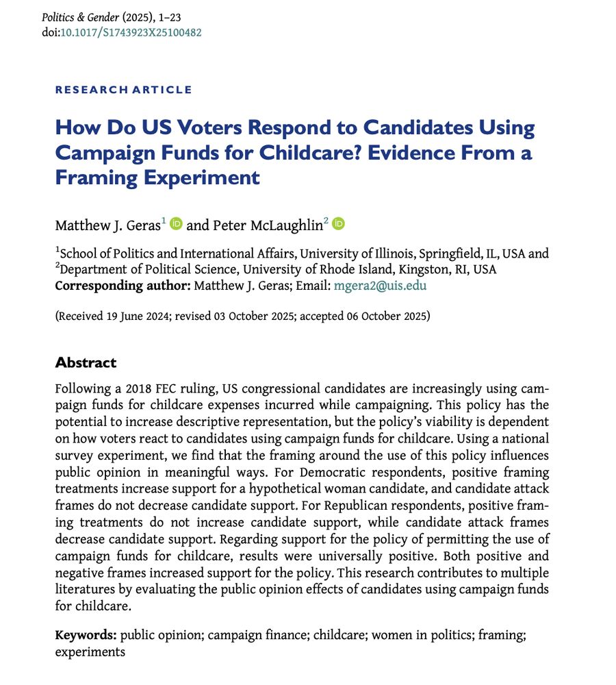 Research article titled "How Do US Voters Respond to Candidates Using Campaign Funds for Childcare? Evidence from a Framing Experiment" by Matthew J. Geras and Peter McLaughlin.