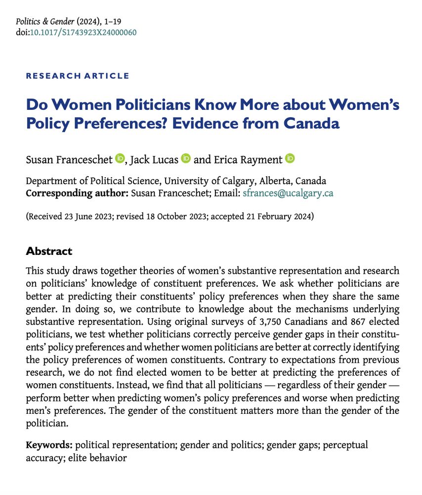 First view research article entitled "Do Women Politicians Know More about Women’s Policy Preferences? Evidence from Canada" by Susan Franceschet , Jack Lucas and Erica Rayment.