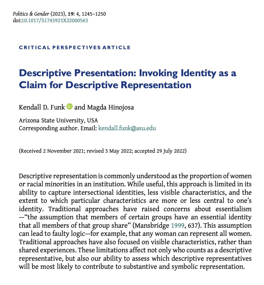 Critical Perspectives article entitled "Descriptive Presentation: Invoking Identity as a Claim for Descriptive Representation" by Kendall D. Funk and Magda Hinojosa