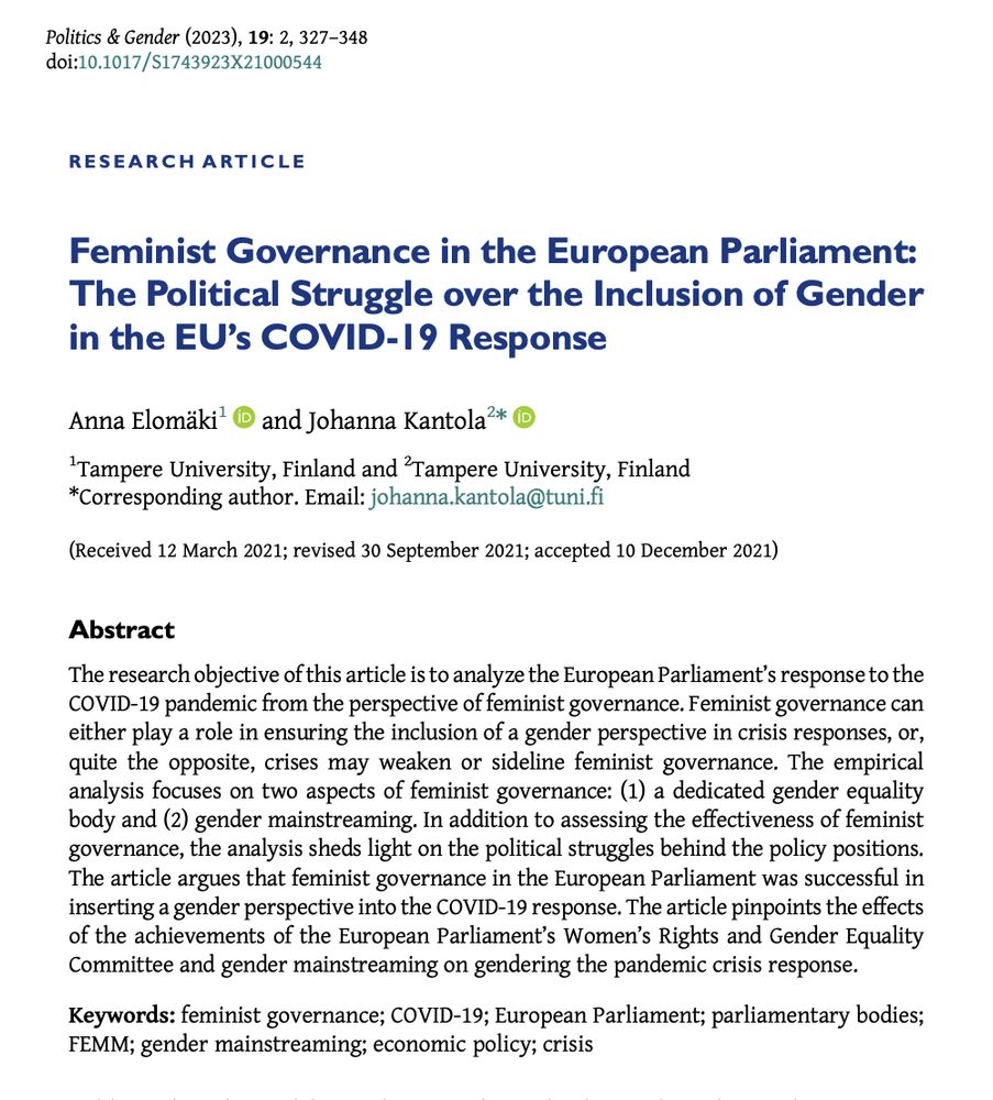 Research Article entitled 'Feminist Governance in the European Parliament: The Political Struggle over the Inclusion of Gender in the EU’s COVID-19 Response' by Anna Elomäki and Johanna Kantola.