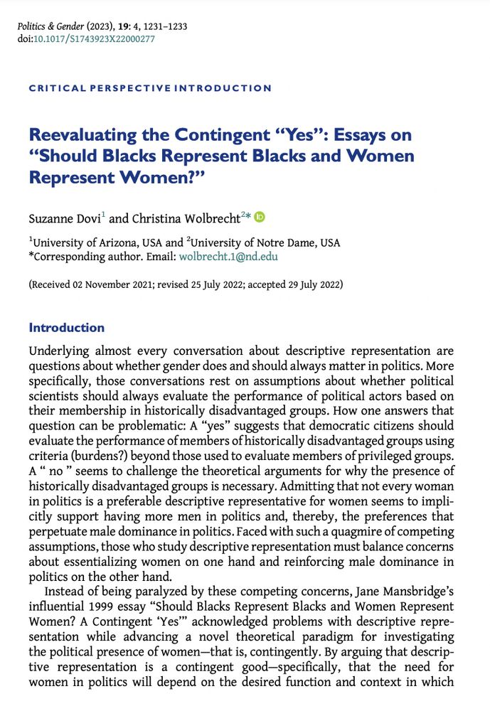 Critical Perspectives introduction entitled "Reevaluating the Contingent “Yes”: Essays on “Should Blacks Represent Blacks and Women Represent Women?”" by Suzanne Dovi and Christina Wolbrecht