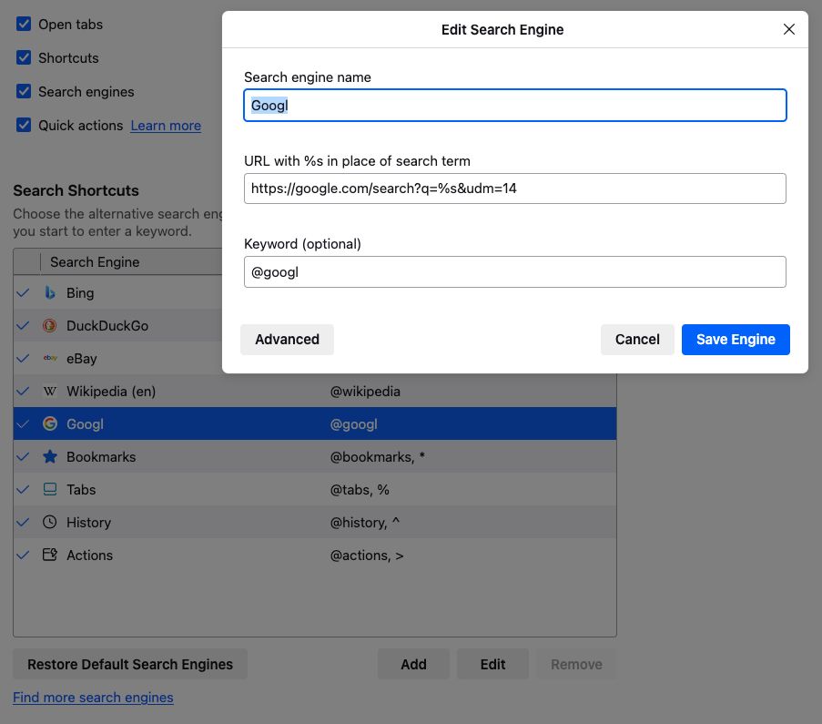 Screenshot of the Firefox settings page the search shortcuts showing the "Edit Search Engine" form with the fields "Search engine name" set to "Googl", the field "URL with %s in place of search term" set to "https://google.com/search?q=%s&udm=14", and the "Keyword" field set to "@googl".