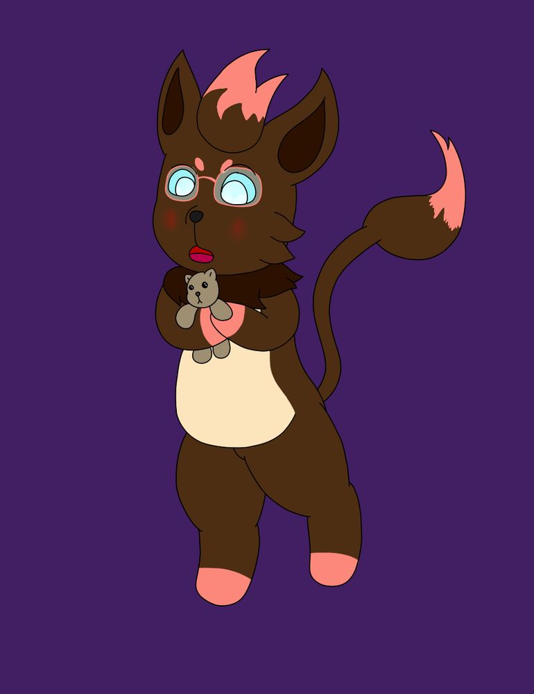 Tsuki (Mewrua), staring at herself in surprised flustered after being transformed into a mewrua. She continues to wear glasses she no longer needs, and holds a stuffed bear from her time as a human, even if she can no longer remember it.


#zorua #Mew #hybrid #pokemon 