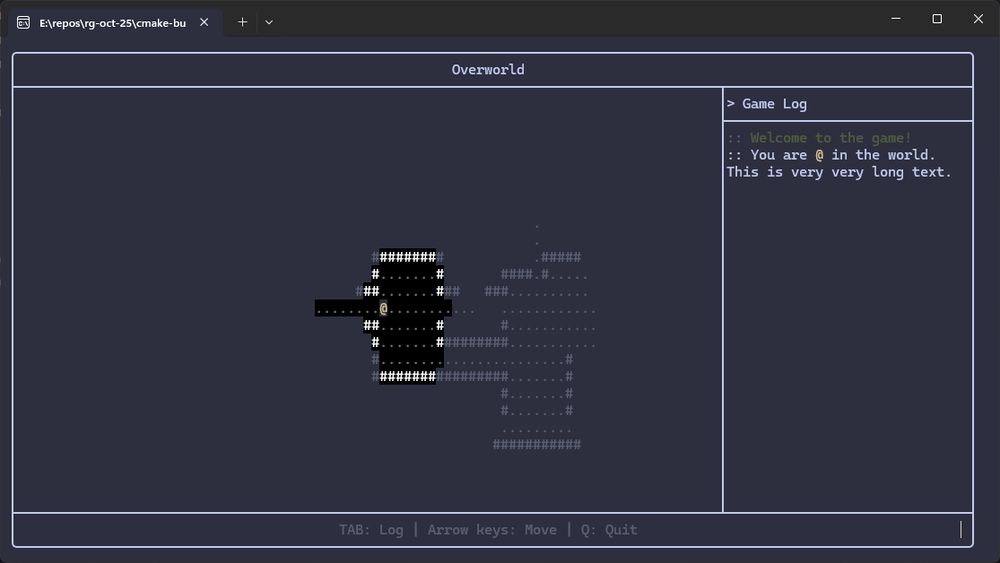 A screenshot of a terminal-based roguelike. Fog-of-war shows dimmed icons where the player has previously seen, full color where the player can currently see, and hides everything else. A game log shows in a panel to the right, with some sample messages.