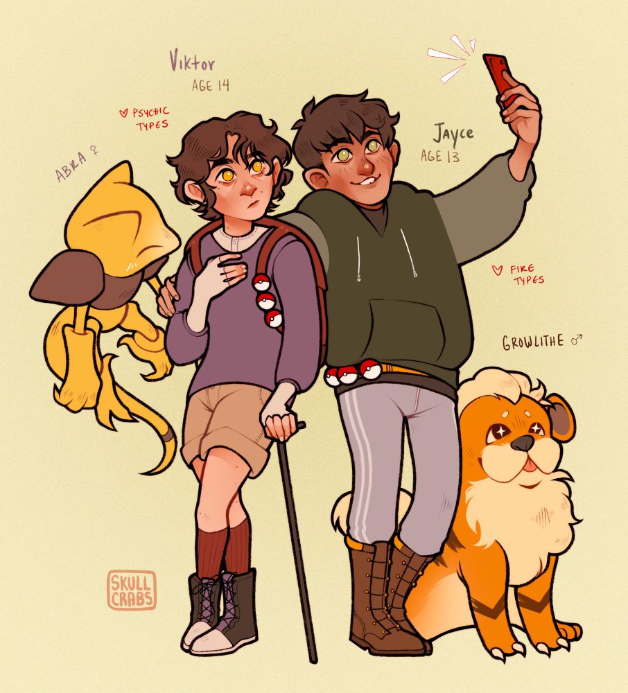Viktor and Jayce Talis from the show Arcane being portrayed as children in a Pokémon universe. Viktor has an Abra companion and Jayce has a Growlithe.