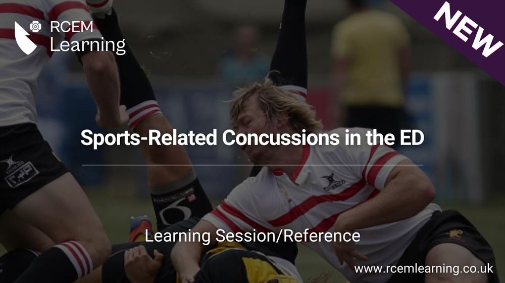 RCEMLearning logo in white. A picture of a collective of people doing a rugby tackle. Alt text: Sports-Related Concussions in the Emergency Department. Learning Session/Reference






