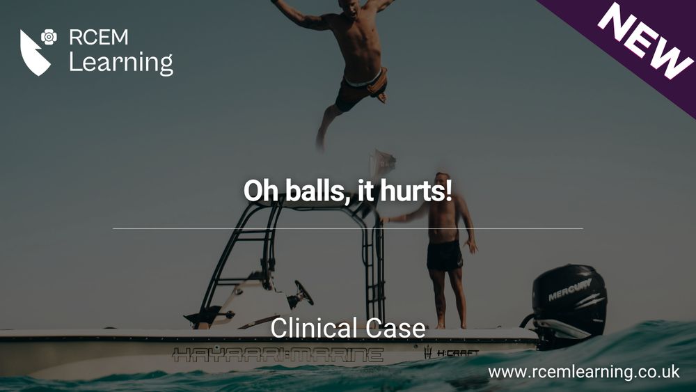 RCEMLearning logo in white. A picture of a man starfish diving into the water off a boat. Alt Text: Oh balls, it hurts! Clinical Case 