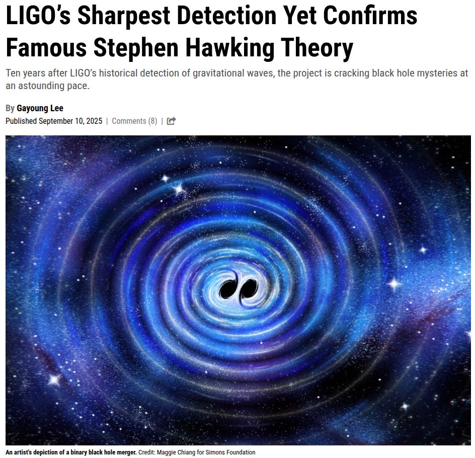 Gizmondo headline "LIGO’s Sharpest Detection Yet Confirms Famous Stephen Hawking Theory" above an artistic image of a binary black hole merger in a soothing blue by Maggie Chiang for Simons Foundation
