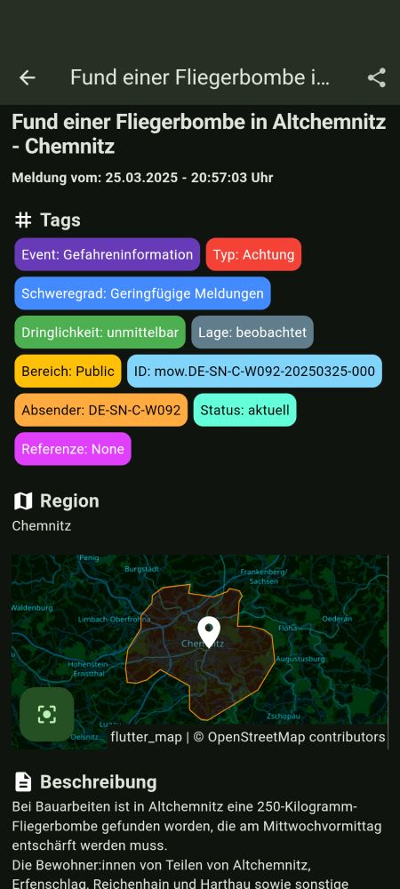 Ein Screenshot der FOSS Warn App zeigt die Meldung des Fundes einer Fliegerbombe in Altchemnitz - Chemnitz mit Angabe von Tags, der Region als Karte und einer Beschreibung der Situation