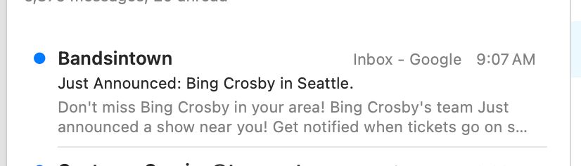 An email announcing a concert by Bing Crosby in Seattle