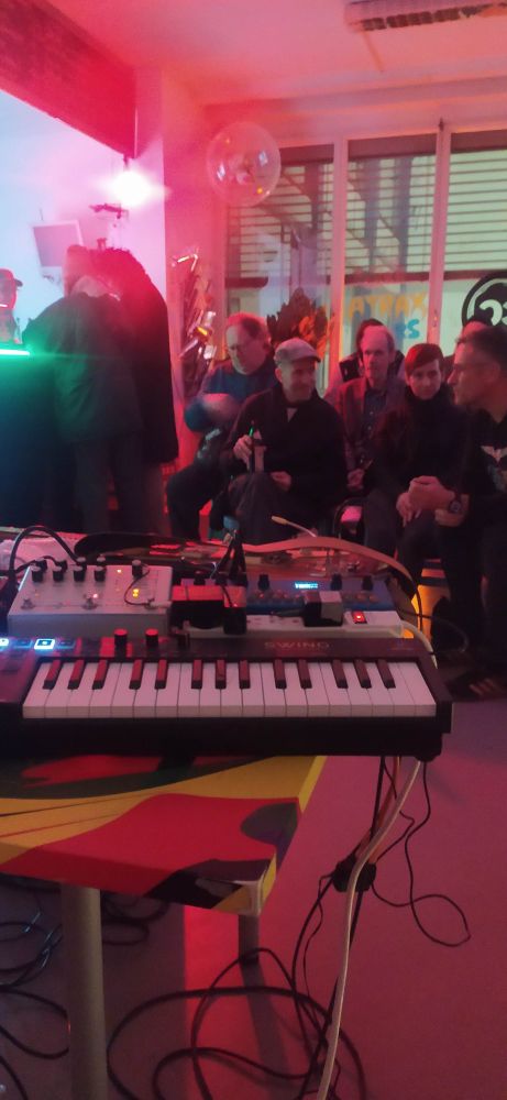 A electronic music live setup waiting to be played in front of a waiting audience in Commons Cafe in Offenbach. 