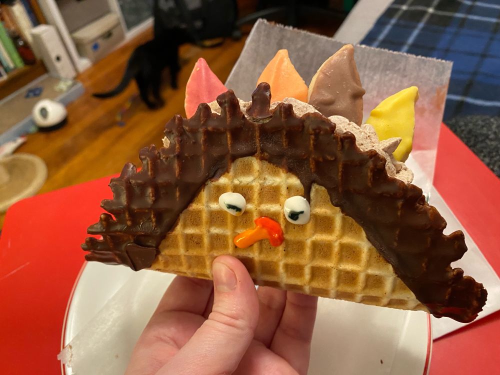 Megan is holding an ice cream taco decorated to look like a turkey with sugar cookies as feathers. The taco is a folded waffle cone, filled with ice cream, then dipped in chocolate.