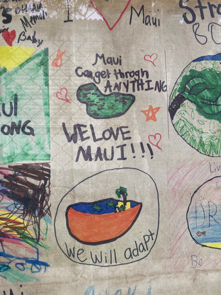 Maui children’s artwork displayed on a fence at Kalana o Maui, Wailuku, Hawai’i, USA, on Aug. 8, 2025. Messages include: “Maui can get through anything.”
“We love Maui!!!” “We will adapt.” “Maui Strong.” “Lahaina Strong.”
