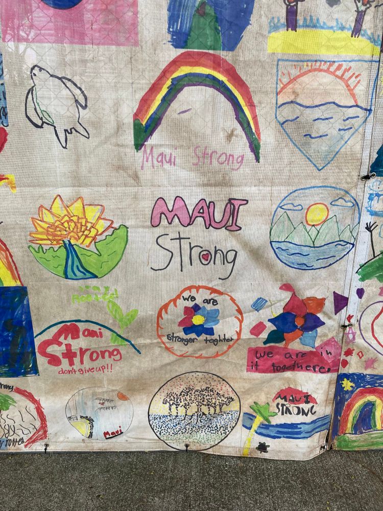 Maui children’s artwork displayed on a fence at Kalana o Maui, Wailuku, Hawai’i, USA, on Aug. 8, 2025. Messages include: “Maui can get through anything.”
“We love Maui!!!” “We will adapt.” “Maui Strong.” “Lahaina Strong.”