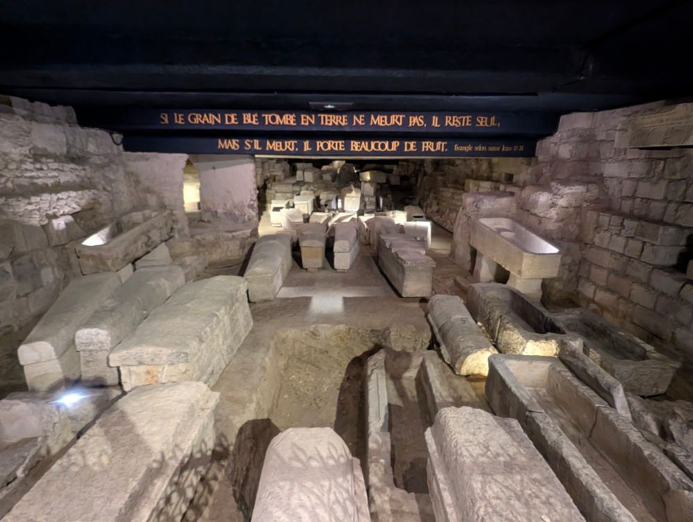 Necropolis of the Saint-Denis Basilica in Paris. Medieval sarcophagi are haphazardly stored underground. 