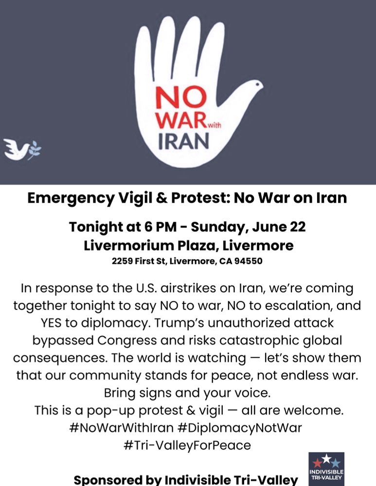 Picture of information on a emergency vigil and protest in Livermore CA at 6pm tonight. Located at Livermorium 2259 First St Livermore.