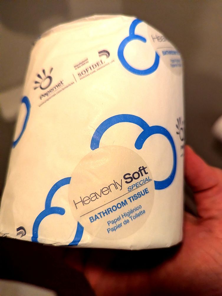 A roll of bottom-tier hotel toilet paper called HeavenlySoft.